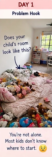 Day 1: a messy kid's room. You're not alone, most kids don't know where to start.