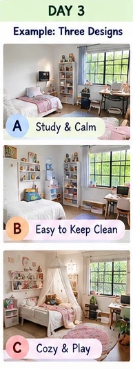 Day 3: three example designs, A, B and C
