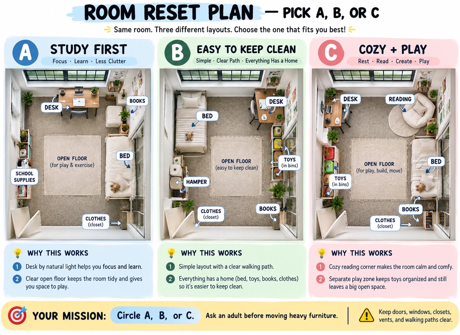 Room Reset Plan: pick A Study First, B Easy to Keep Clean, or C Cozy and Play