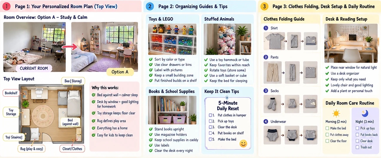 Inside the plan: page 1 room plan with top view, page 2 organizing guides for toys, LEGO, stuffed animals and books, page 3 clothes folding, desk setup and daily routine